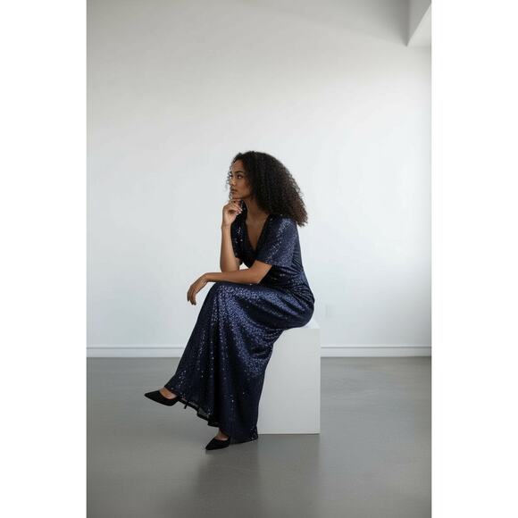 DMFashion Navy Sequin Wrap Maxi Dress Size Small Flutter Sleeve Formal Evening - Picture 3 of 16